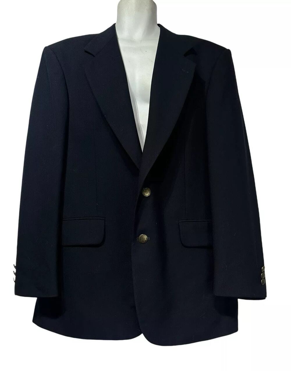 Oscar De La Renta Mens Two Button Ventless Navy Blue Wool Blazer Size 42R